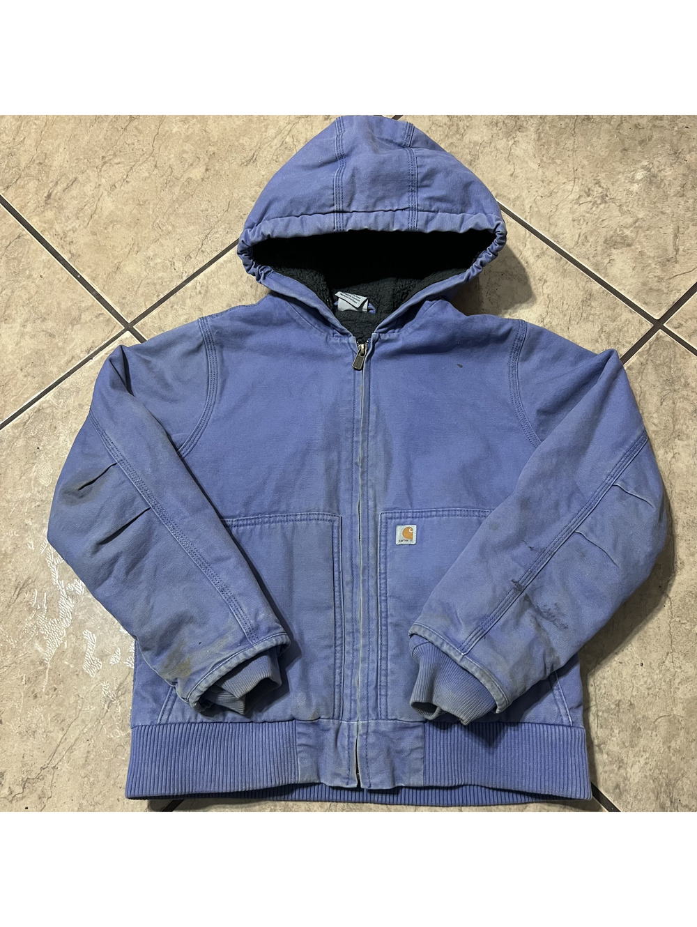 Carhartt Kids Periwinkle Blue Dark Gray Sherpa LIned Hoodie Full Zip Canvas Med